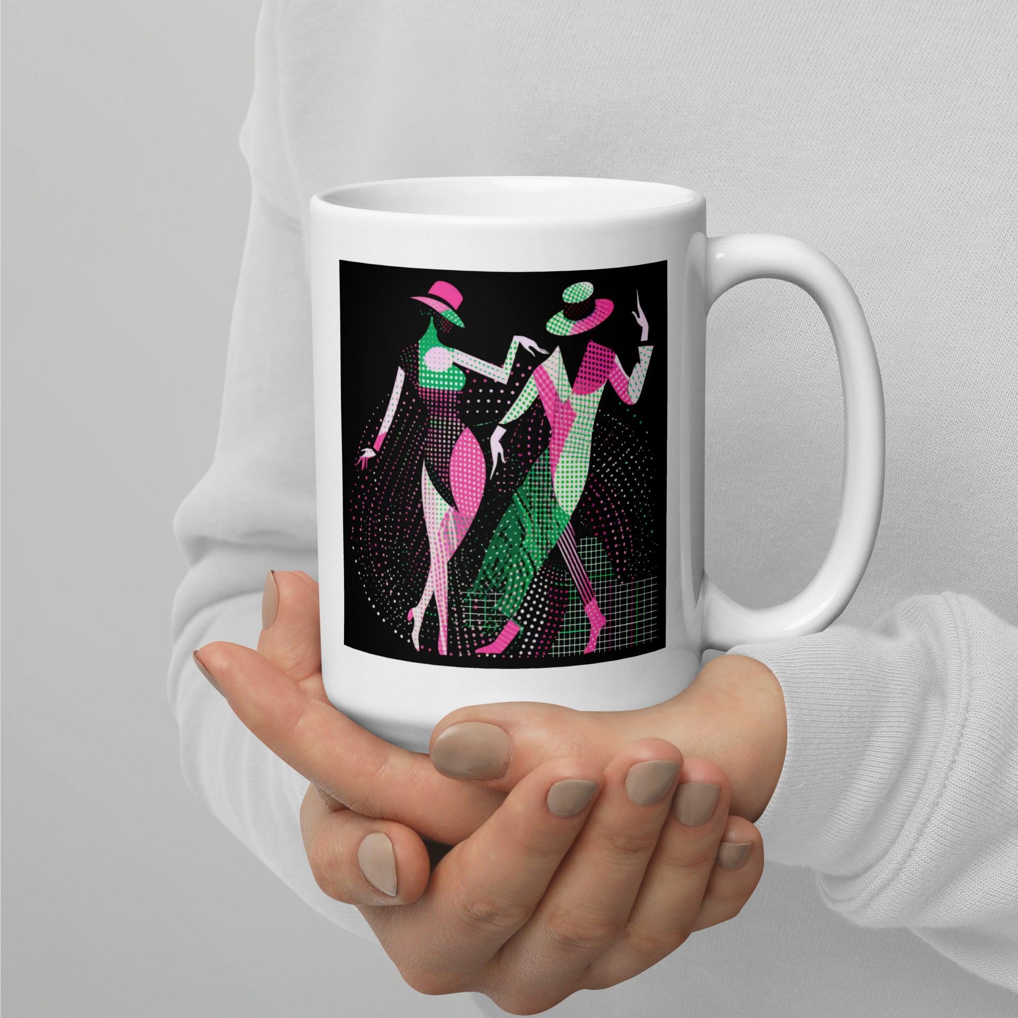 Balletic Perfection glossy white mug with ballet-inspired design.