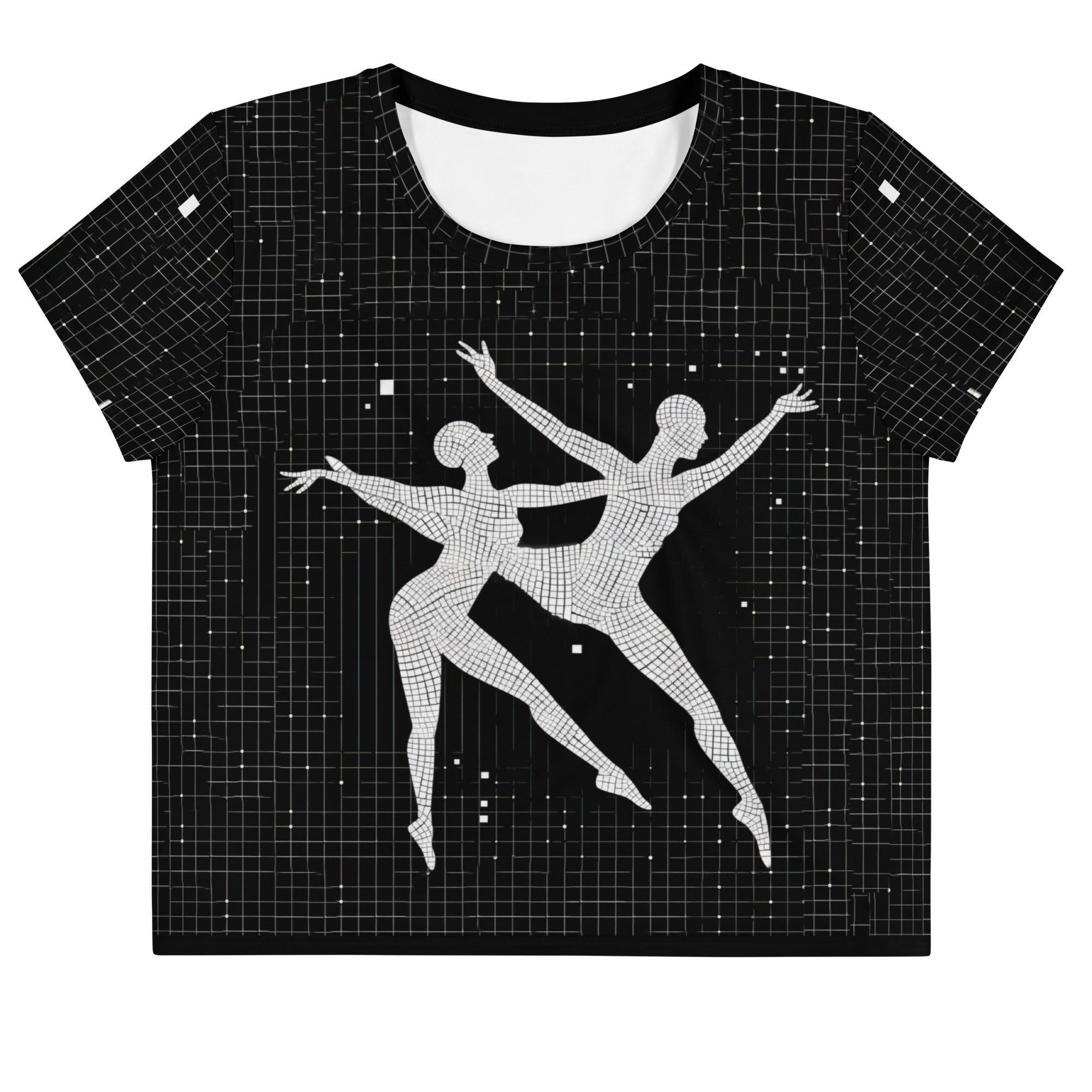 Elegant all-over print crop tee with balletic design for dancers.