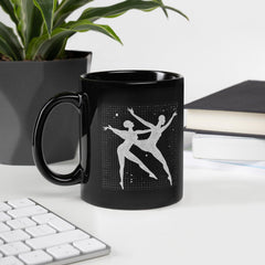 Elegant black glossy mug with balletic poise attire design for ballet enthusiasts.