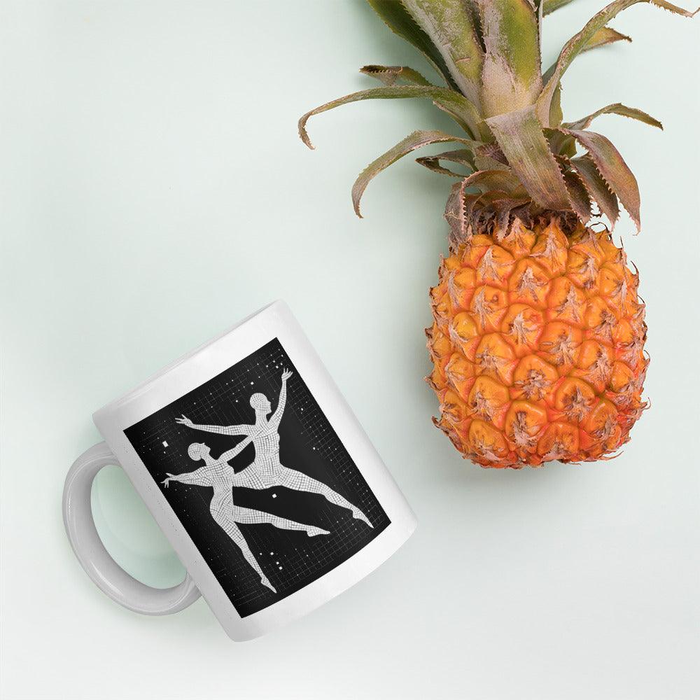 Elegant white mug with Balletic Poise design, perfect for coffee lovers.