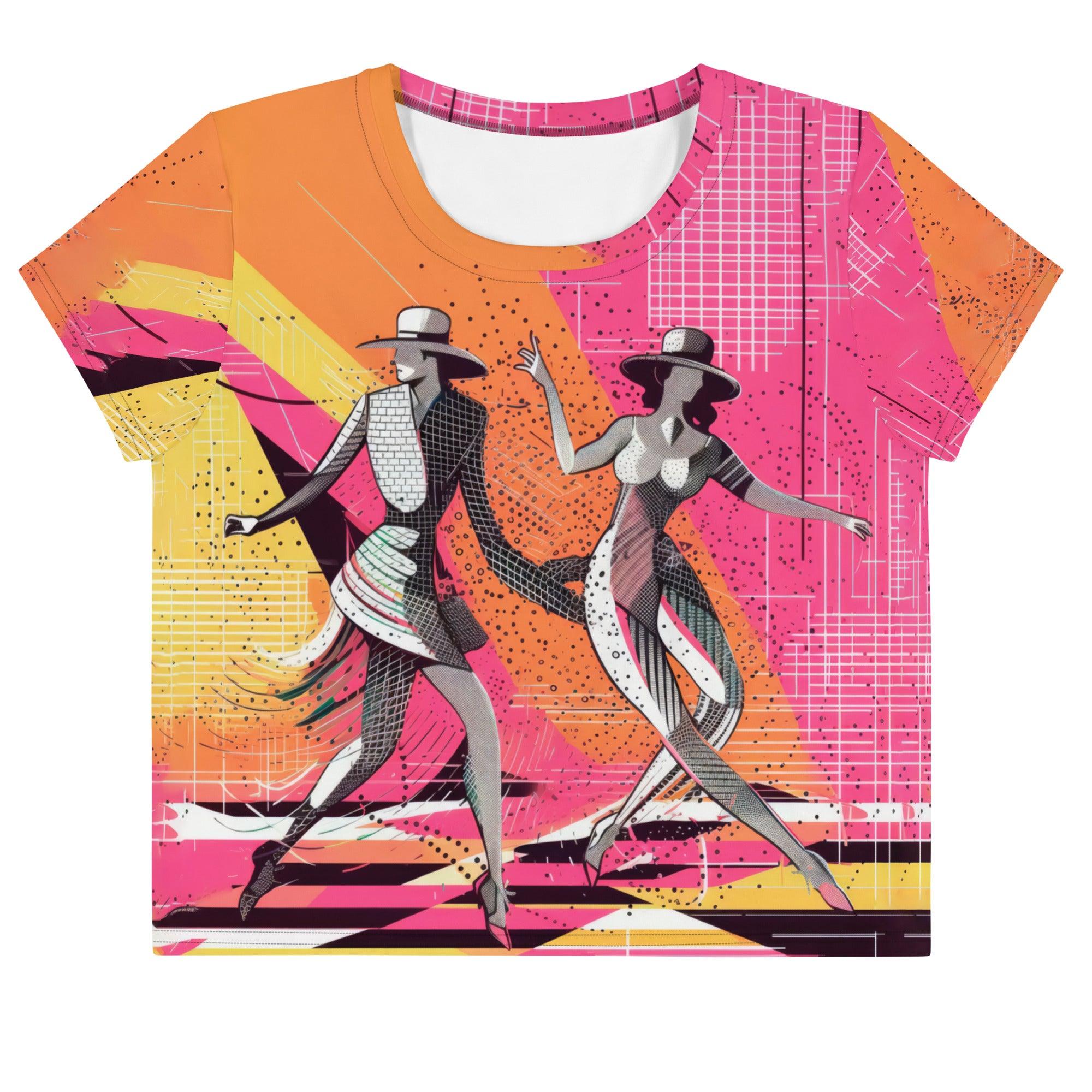 Balletic Reflections fashion crop tee with elegant all-over print design.