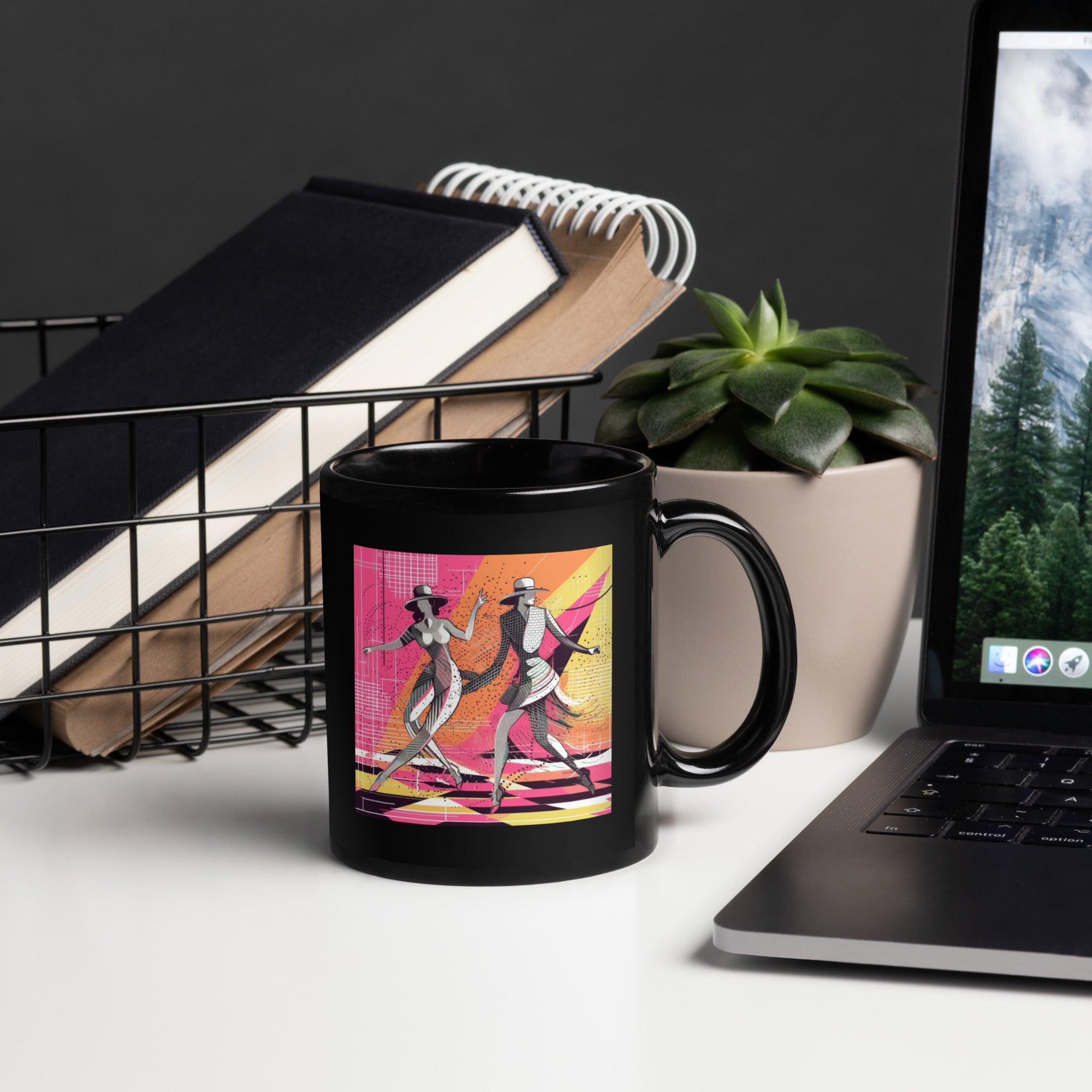 Elegant black glossy coffee mug from the Balletic Reflections fashion line, filled with steaming coffee.