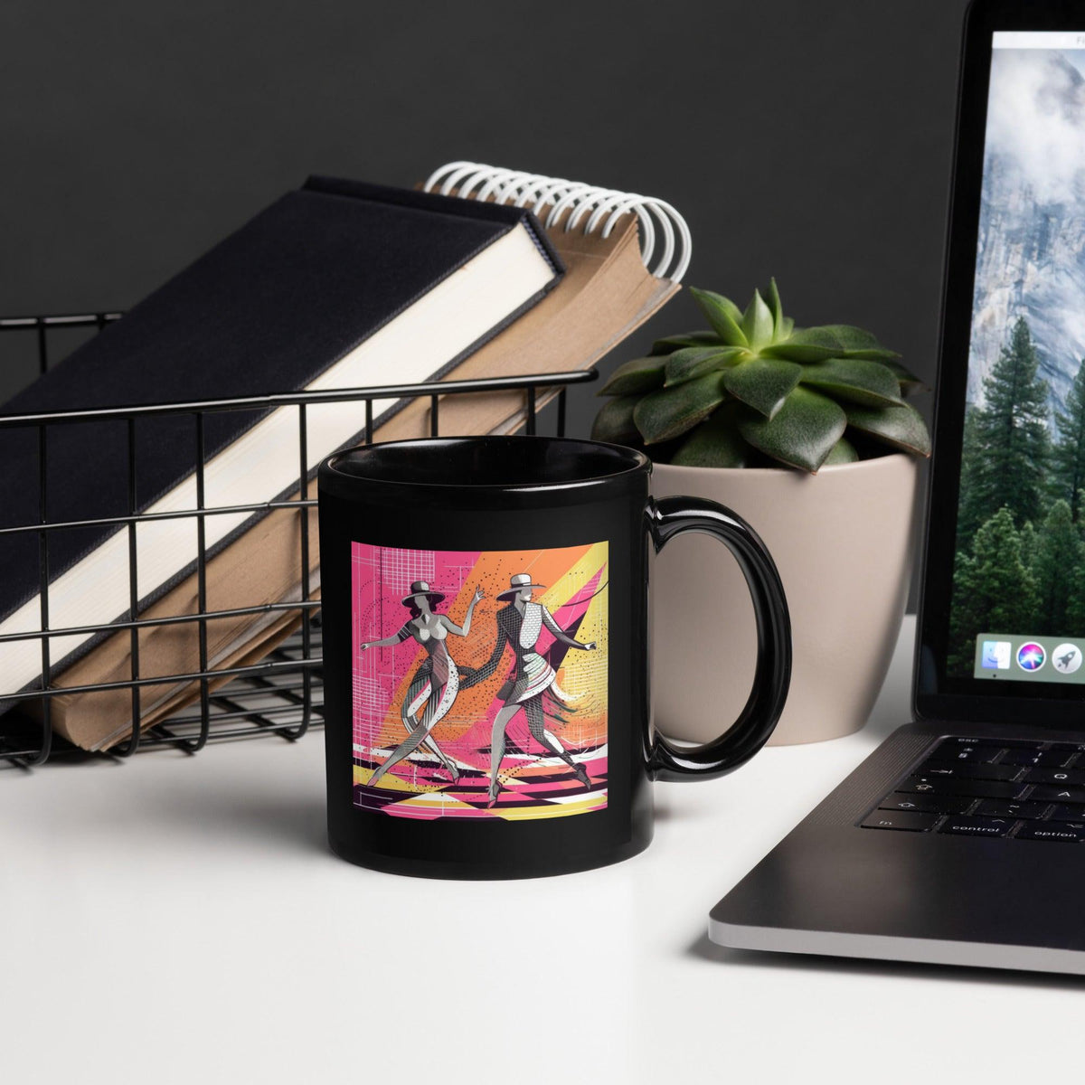 Elegant black glossy coffee mug from the Balletic Reflections fashion line, filled with steaming coffee.