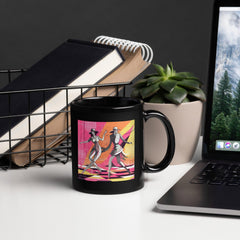 Elegant black glossy coffee mug from the Balletic Reflections fashion line, filled with steaming coffee.