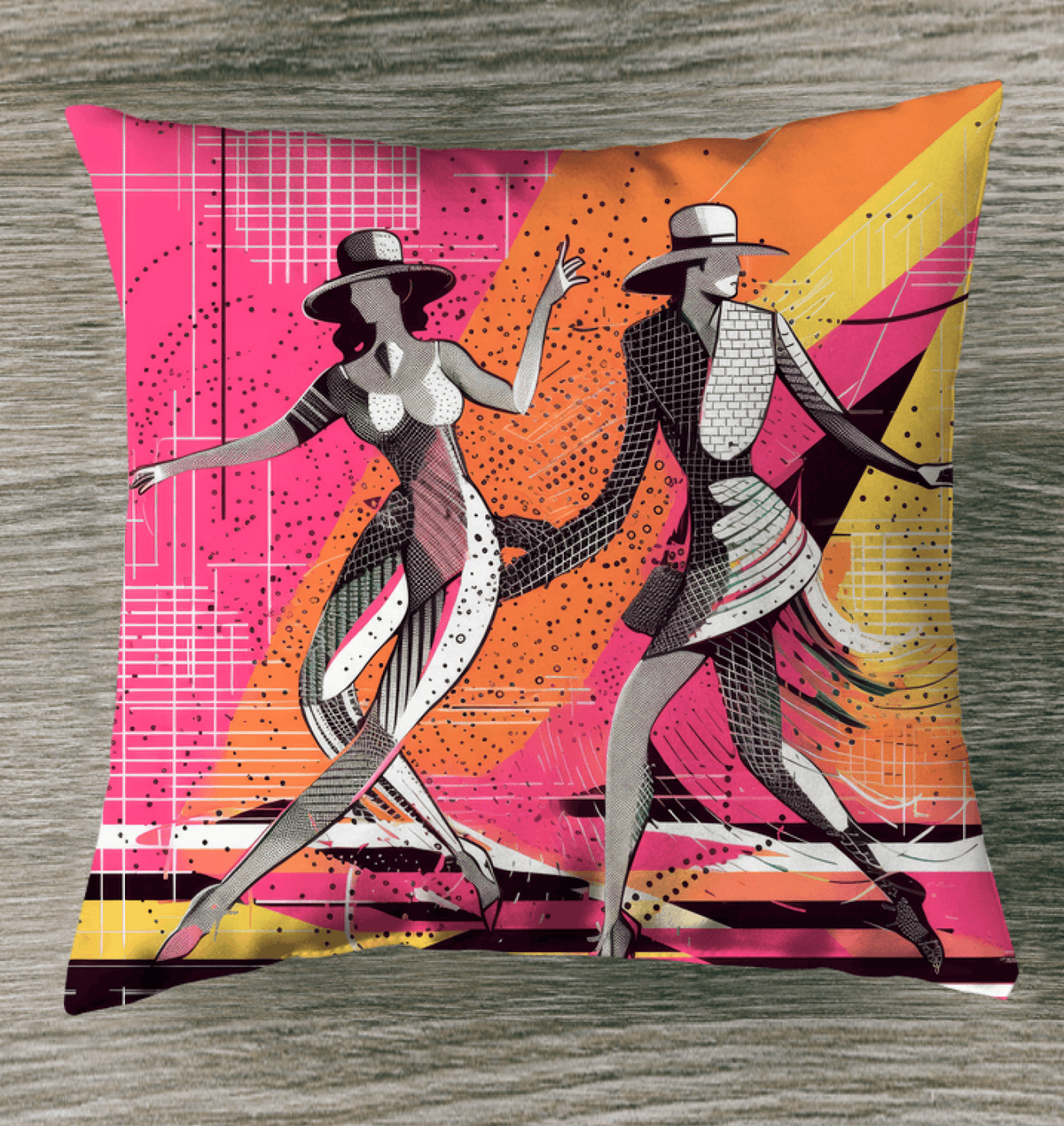 Balletic Reflections Fashion Outdoor Pillow displayed on a patio chair, enhancing outdoor seating.