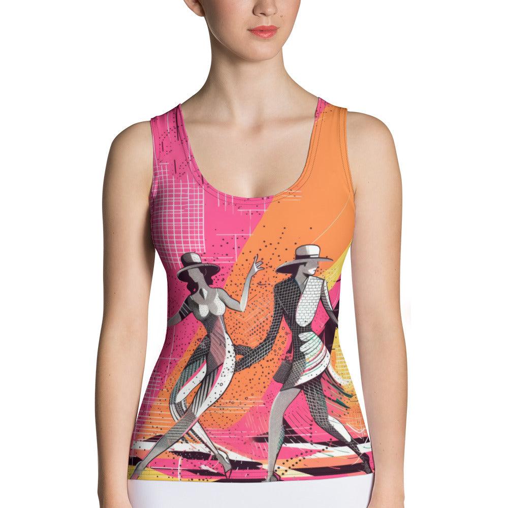 Elegant Balletic Reflections tank top with artistic sublimation design.
