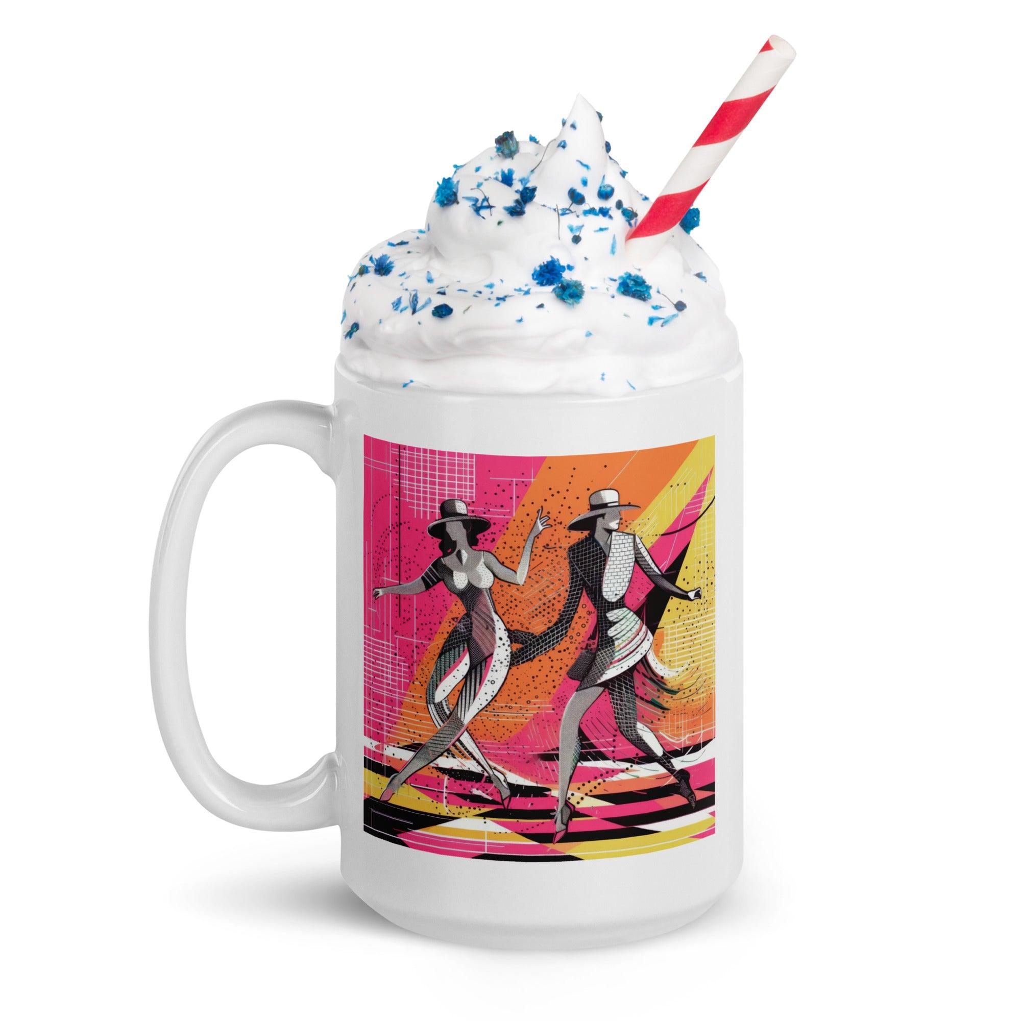 Fashionable ballet-themed glossy white mug for coffee and tea lovers.