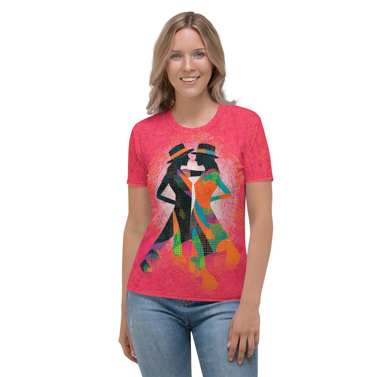 Elegant Balletic Reflections Women's T-shirt in a stylish pose.