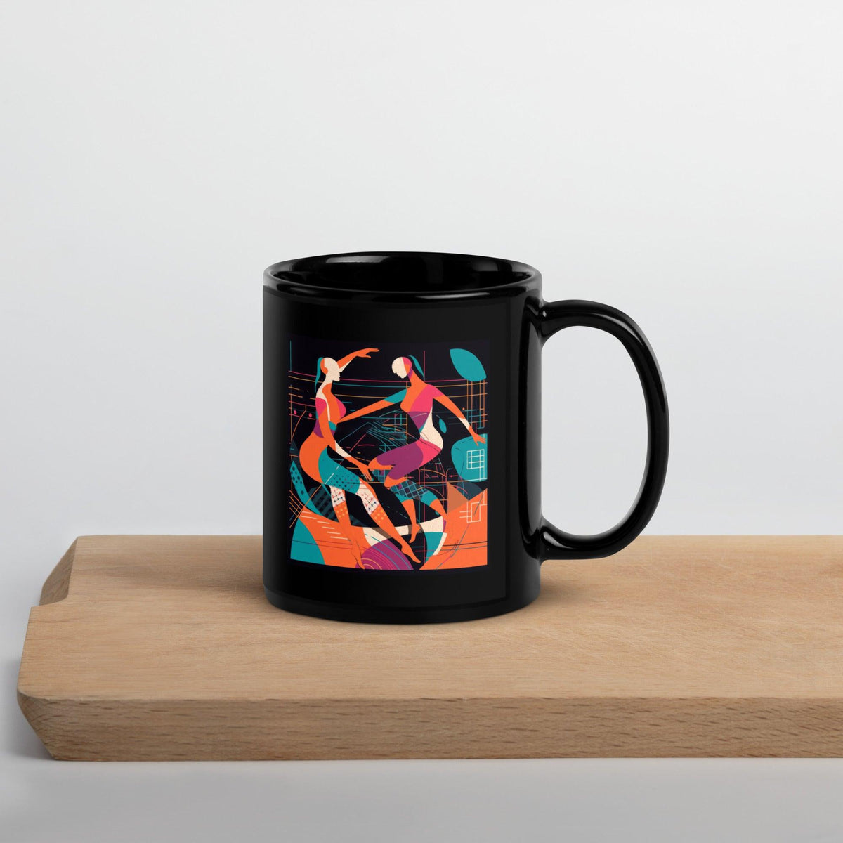 Balletic Reverie glossy black mug on wooden table.