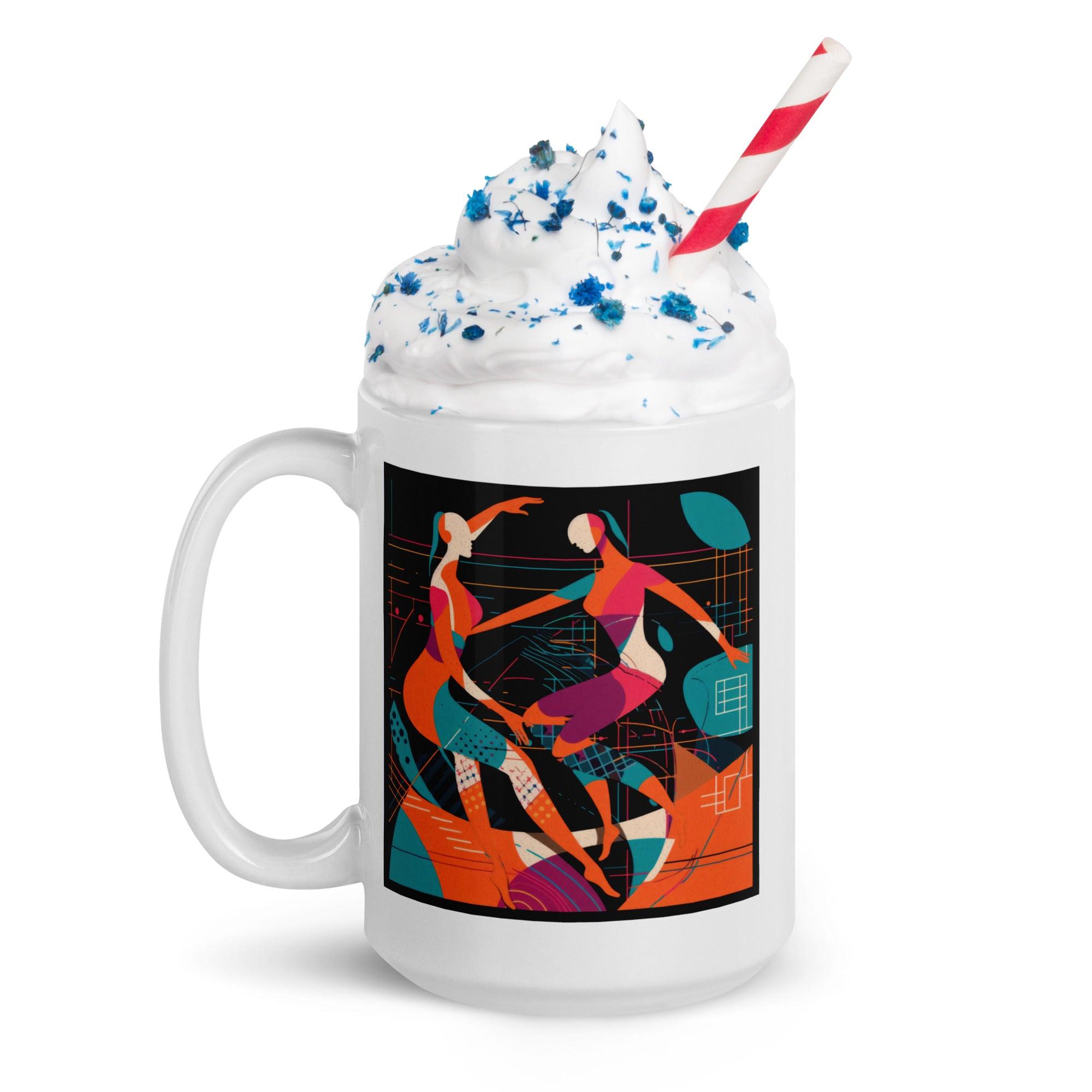 White glossy Balletic Reverie mug in a ballet-themed kitchen decor.