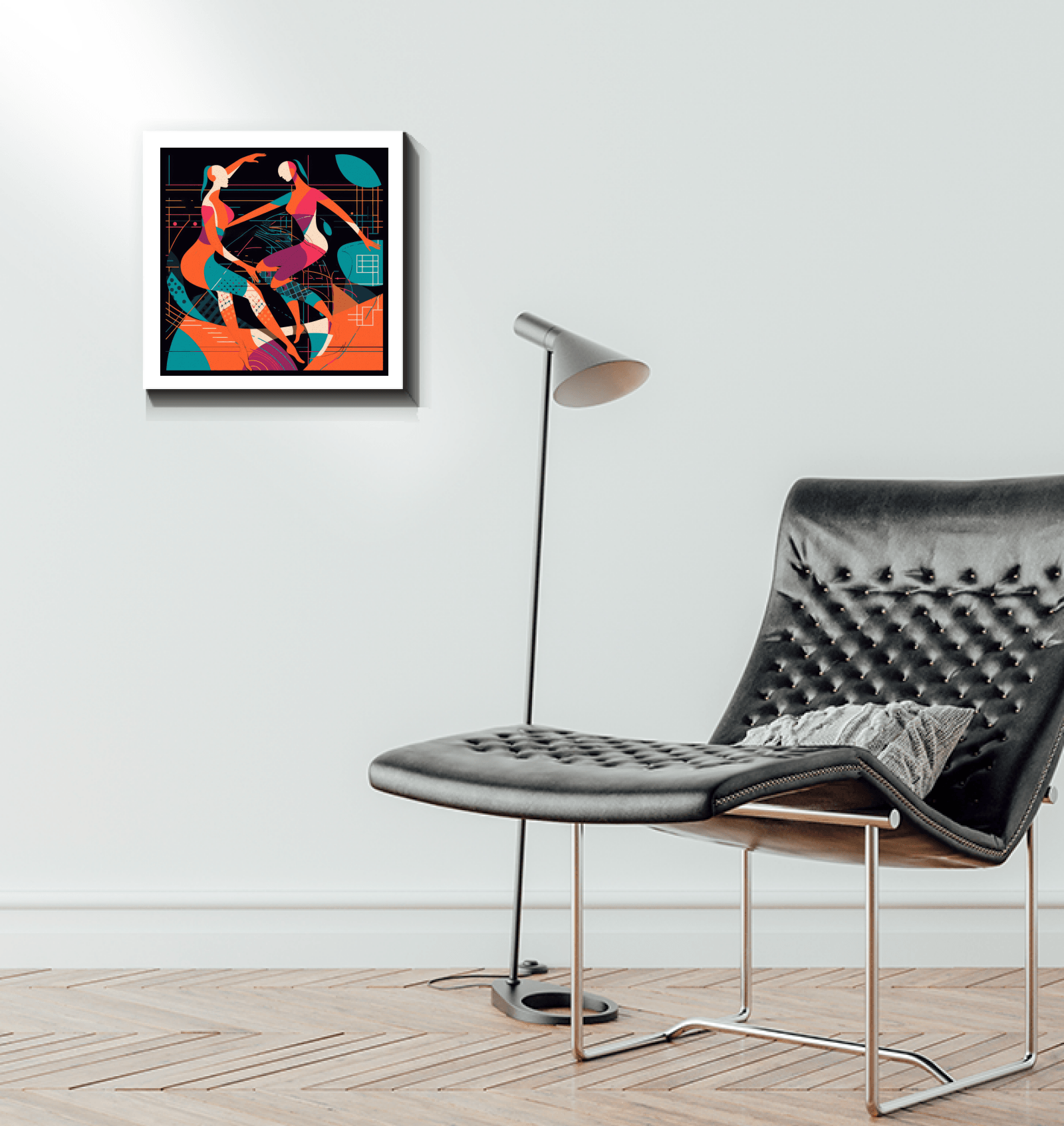 Artistic representation of ballet in fashion on wrapped canvas.