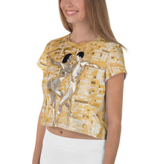 Balletic Reverie of Fashion all-over print crop tee in elegant pose.