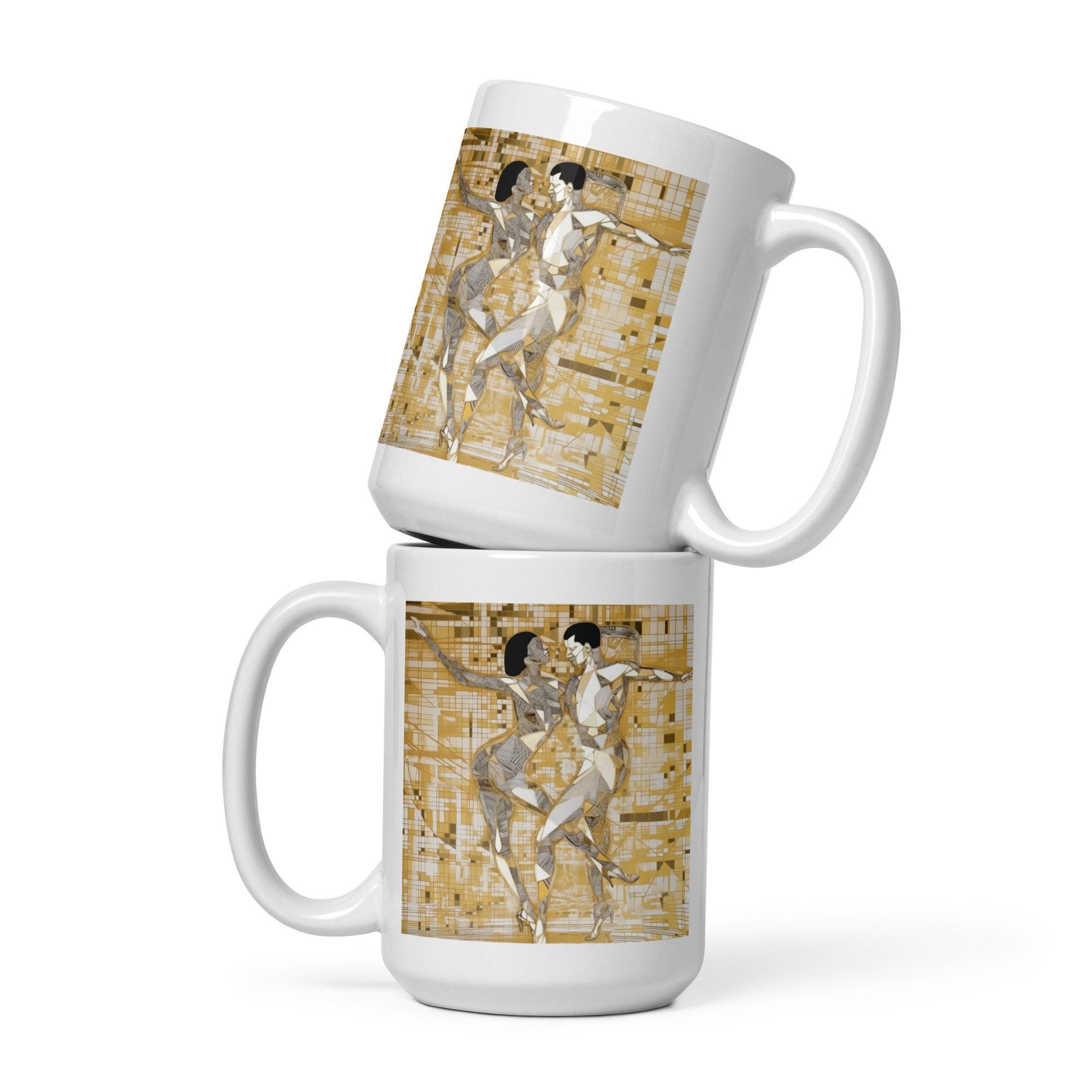 Elegant white glossy mug with balletic reverie of fashion design.