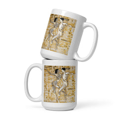 Elegant white glossy mug with balletic reverie of fashion design.