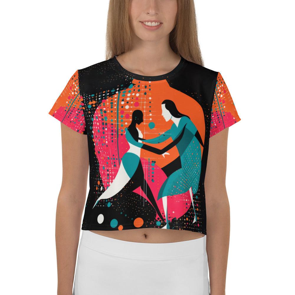 Elegant Balletic Rhapsody print crop tee with vibrant patterns.