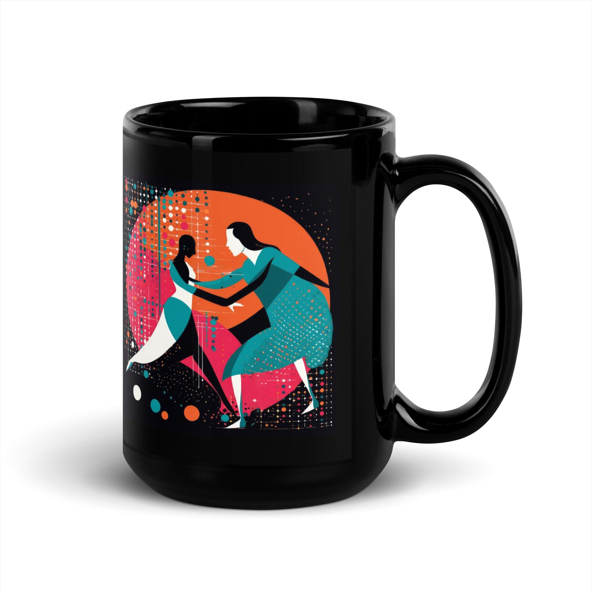 Balletic Rhapsody black glossy mug on a white background.