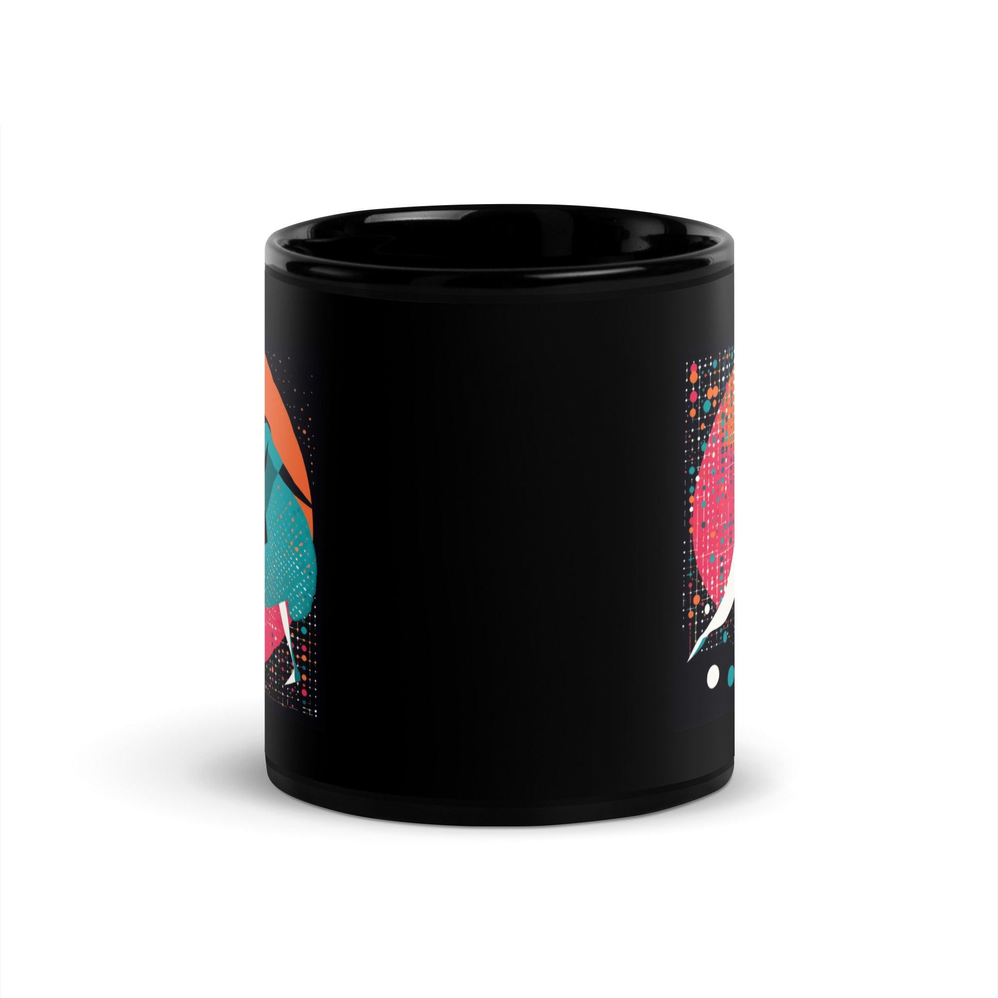 Black glossy mug with balletic rhapsody attire design in use.