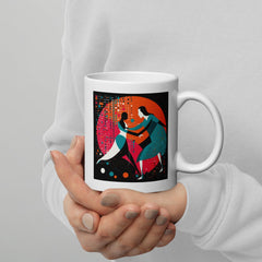 White glossy mug featuring elegant Balletic Rhapsody attire artwork.