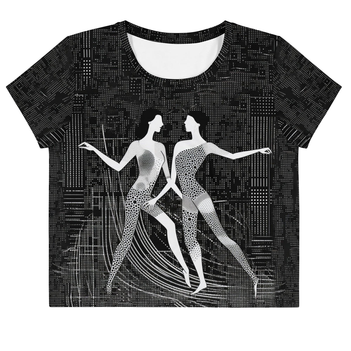 Balletic Romance Attire crop top with elegant all-over print design on model