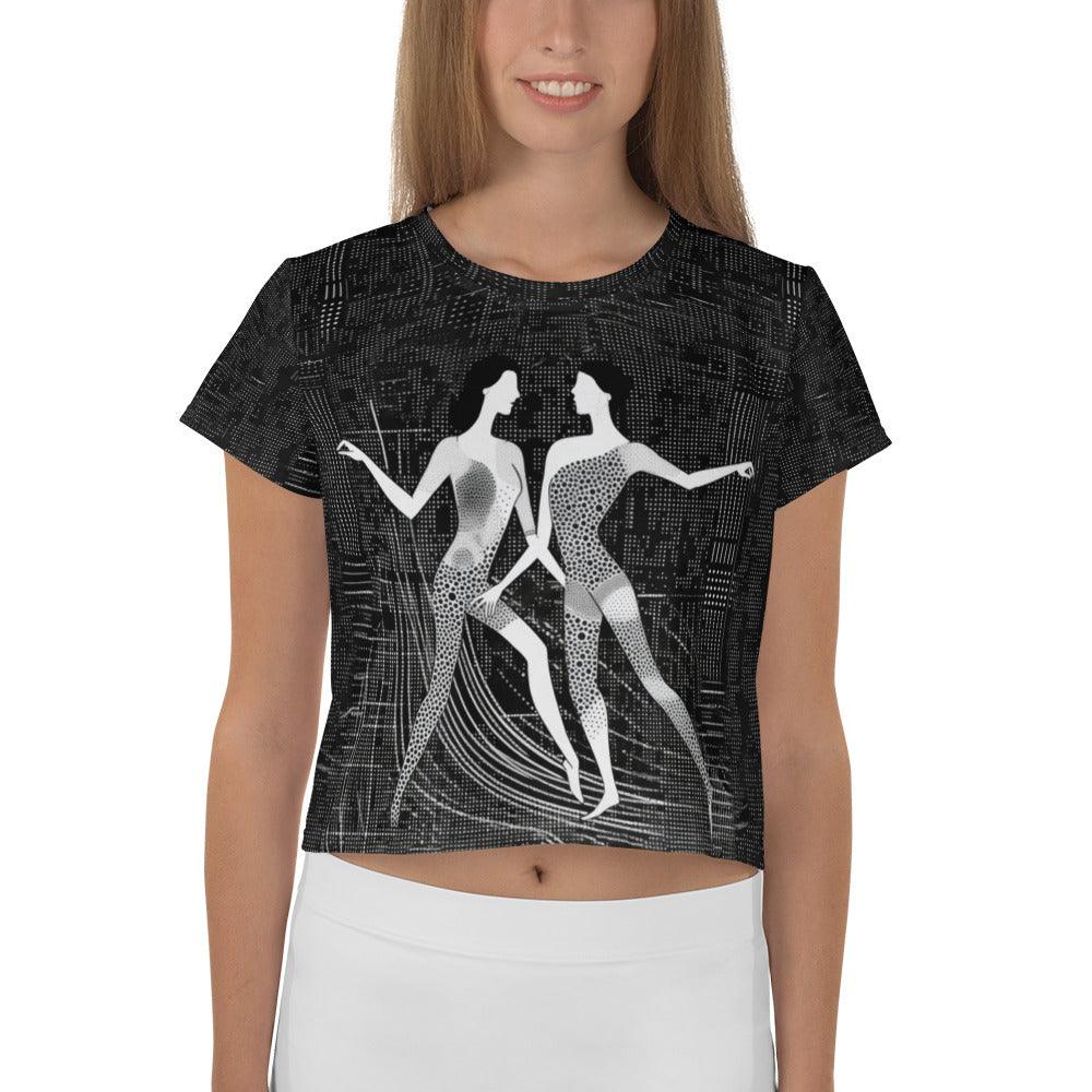 Back view of Balletic Romance Attire All-Over Print Crop Tee showcasing pattern