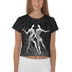 Back view of Balletic Romance Attire All-Over Print Crop Tee showcasing pattern