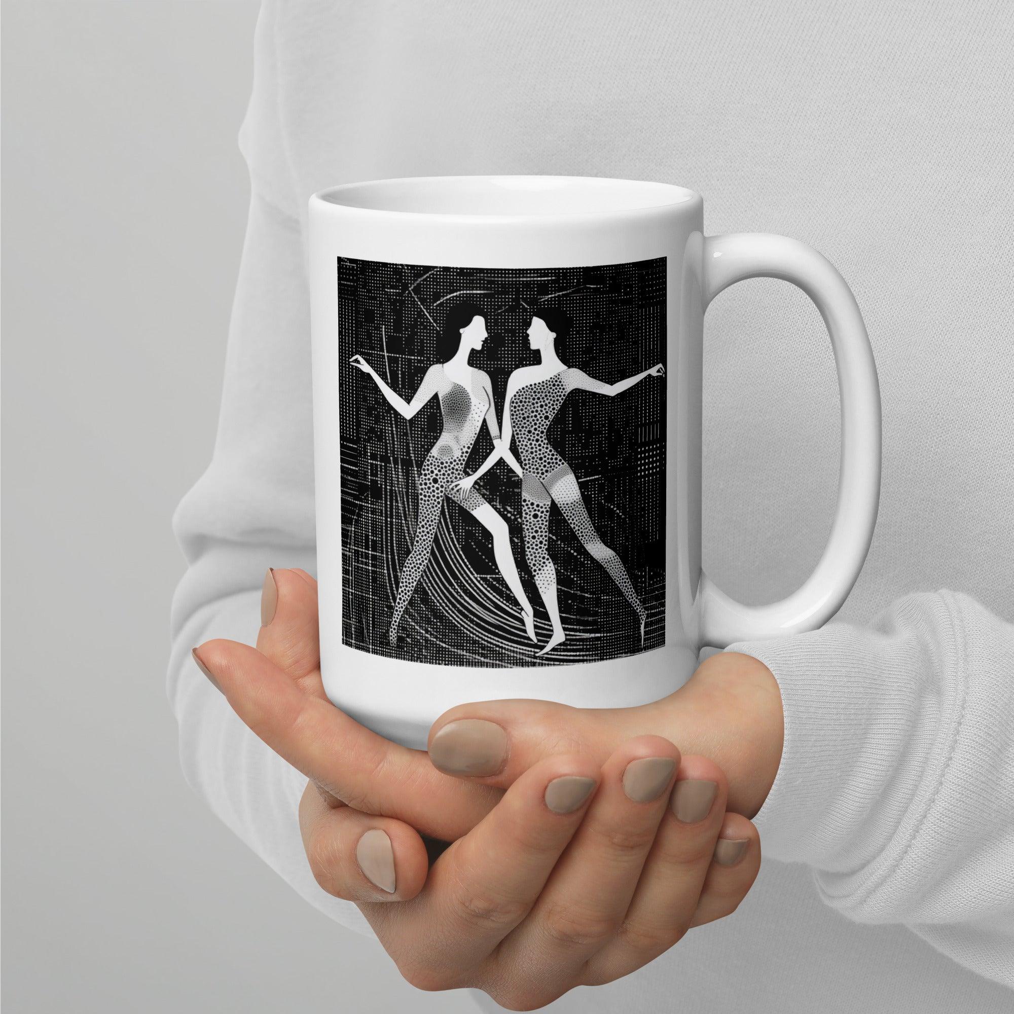 White glossy mug with Balletic Romance pattern for coffee enthusiasts