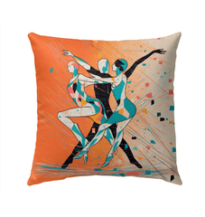 Balletic Romance in Style Outdoor Pillow displayed on a stylish outdoor chair.