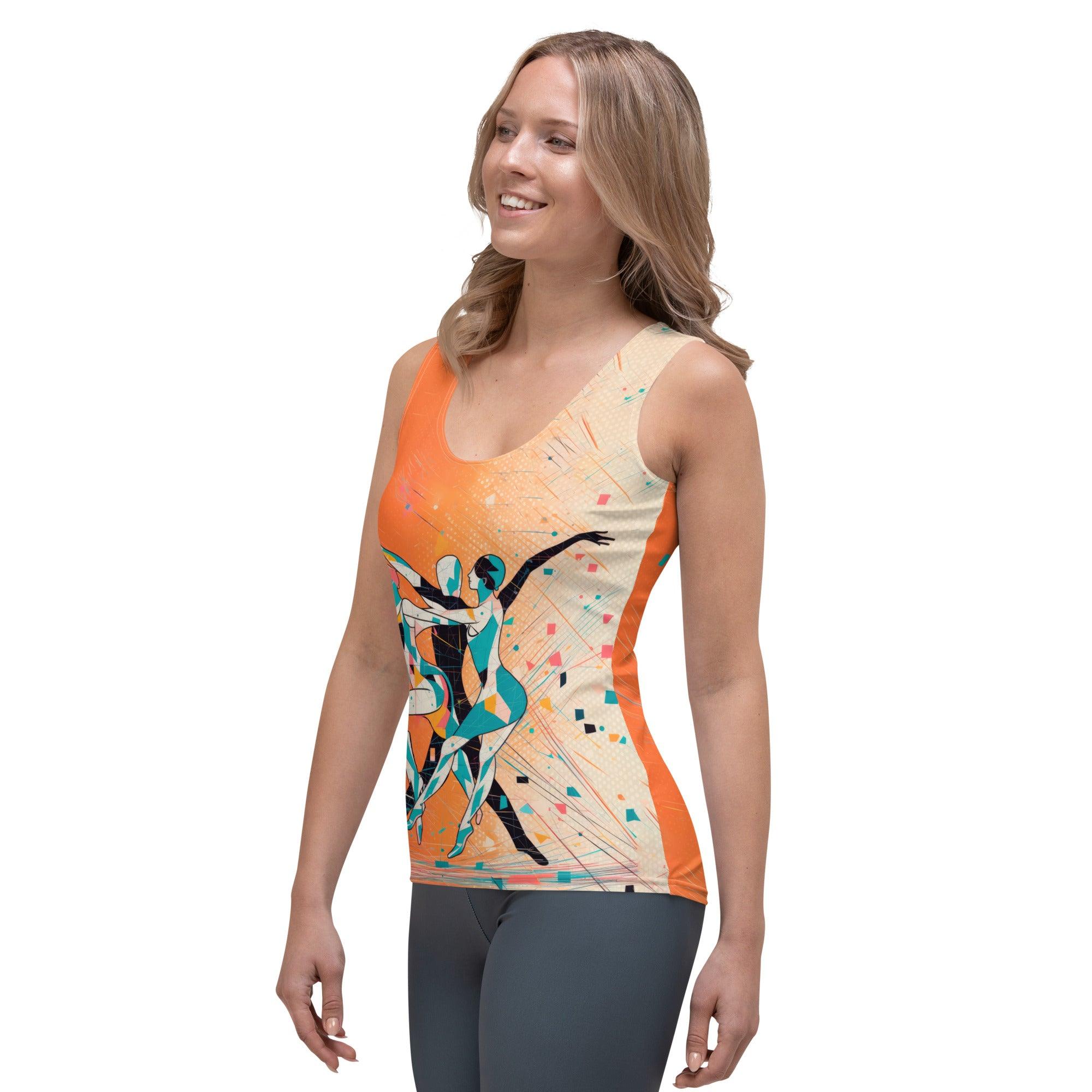 Close-up of the Balletic Romance In Style Tank Top showcasing its unique sublimation print.