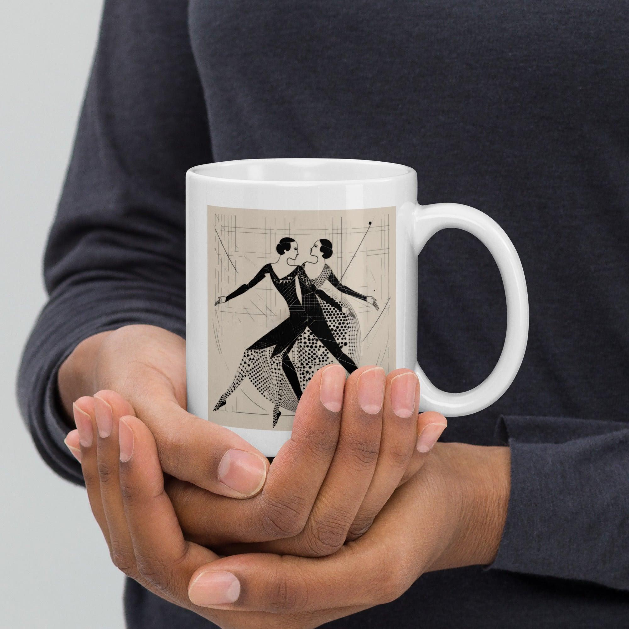 Elegant white glossy mug with Balletic Serenade design, perfect for coffee lovers.