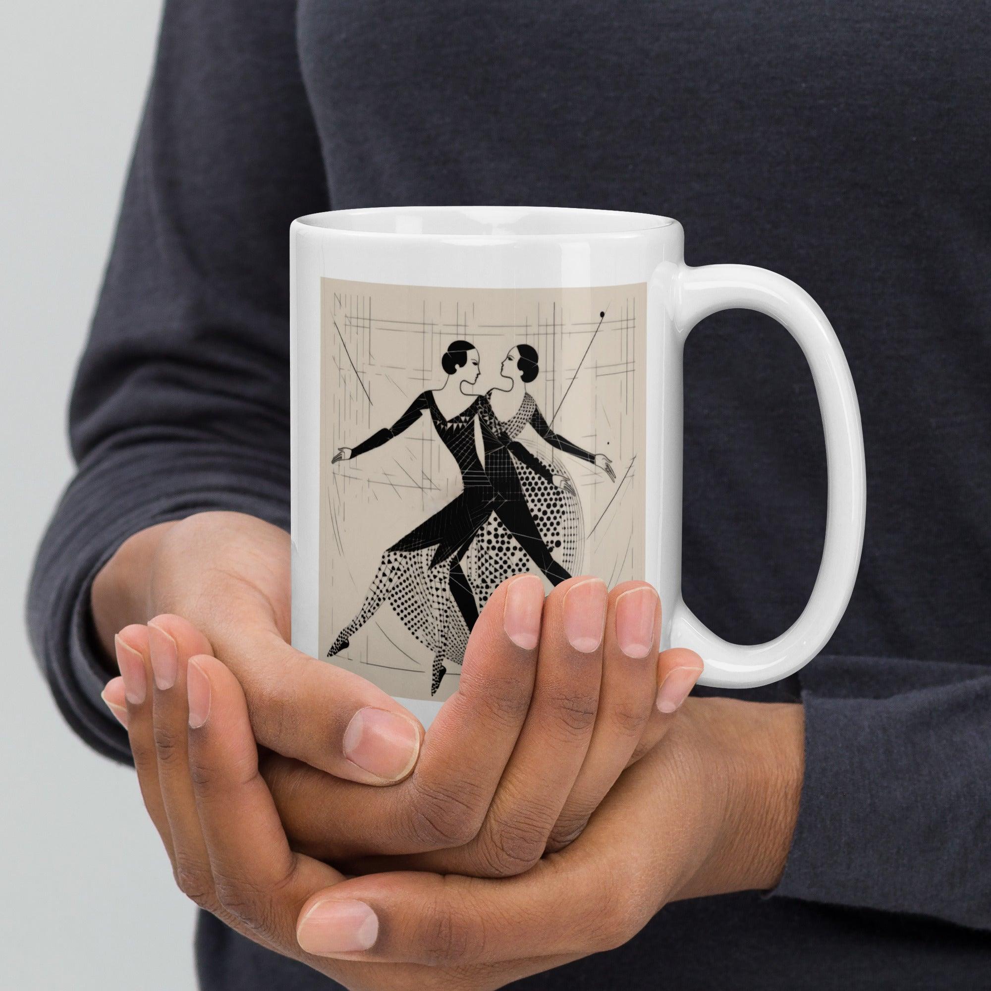 Close-up of the Balletic Serenade Attire white mug, showcasing its glossy finish.