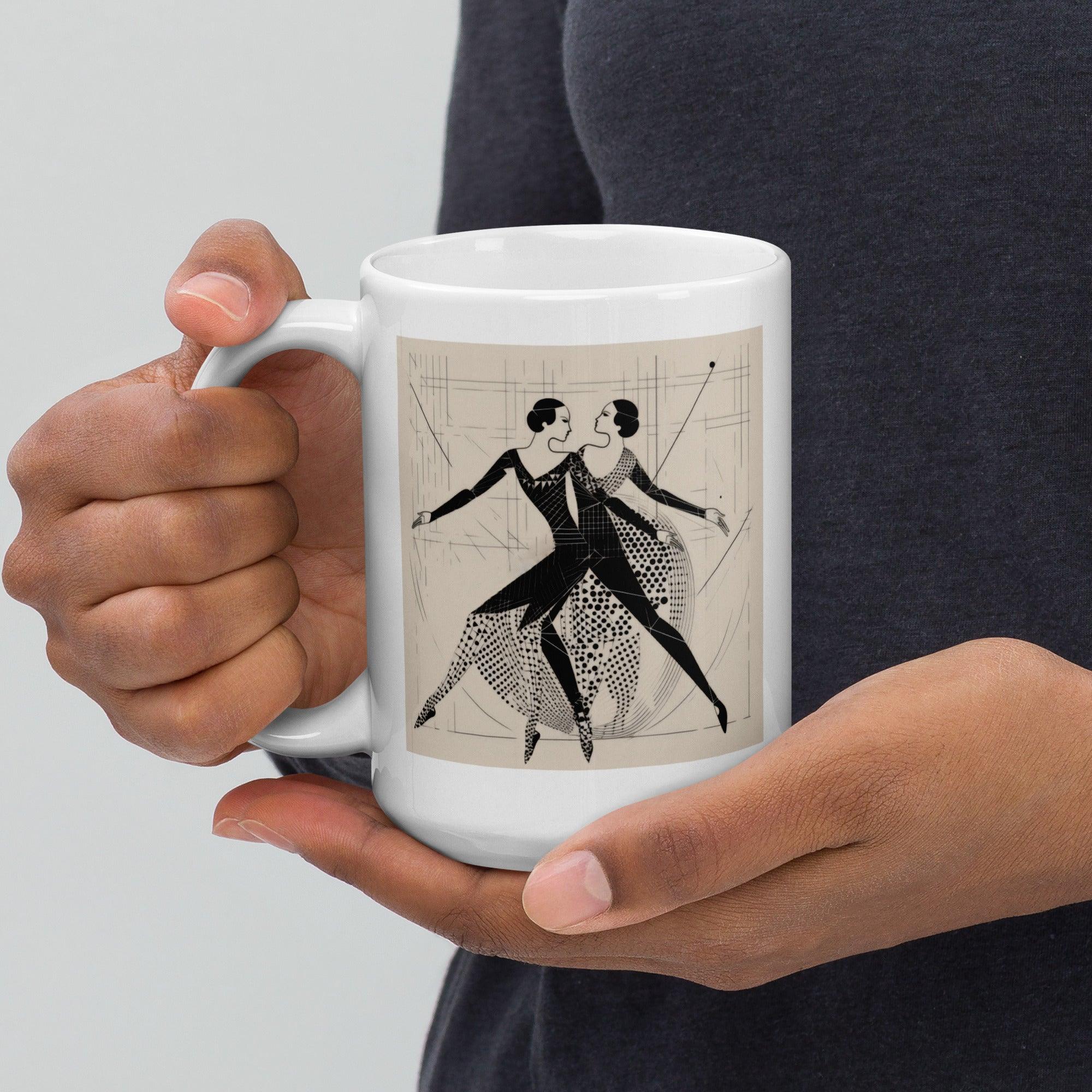 White glossy mug with Balletic Serenade Attire, ideal for elegant tea times.