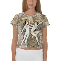 Balletic Symphony all-over print crop tee on model.