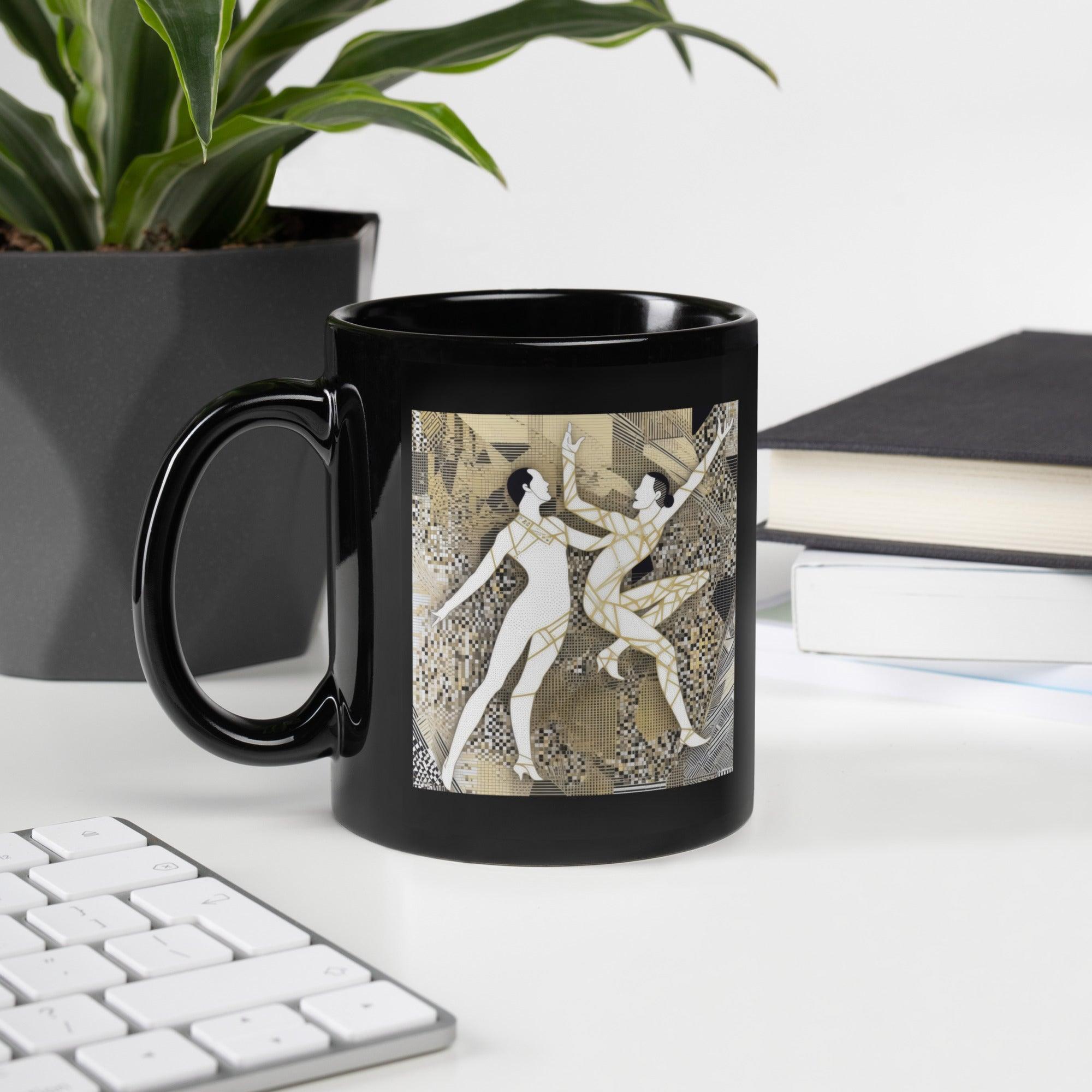 Balletic Symphony Attire black glossy mug with ballet-inspired design.