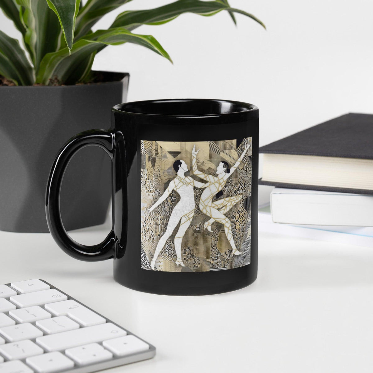 Balletic Symphony Attire black glossy mug with ballet-inspired design.