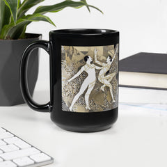 Elegant black glossy coffee mug featuring balletic symphony attire motif.