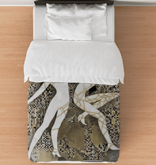 Elegant Balletic Symphony Attire Duvet Cover on a bed, enhancing bedroom decor.