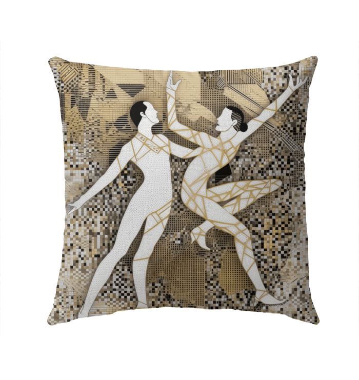 Balletic Symphony Attire Outdoor Pillow showcased on a garden chair.