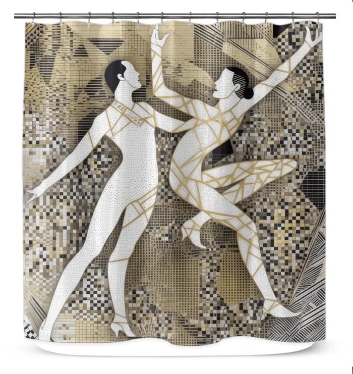 Elegant balletic symphony-themed shower curtain enhancing bathroom decor.