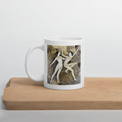 White glossy mug with balletic attire print, side view.