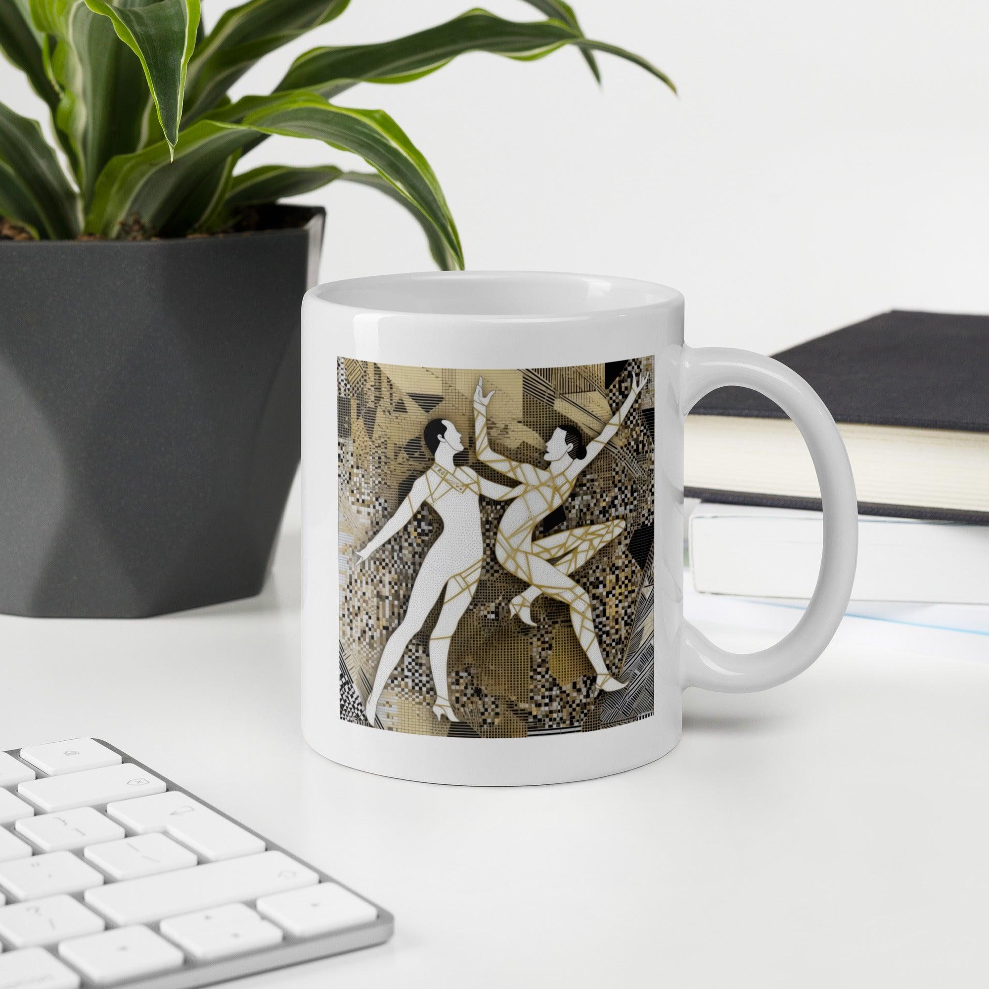 Balletic Symphony Attire mug filled with coffee, morning light.