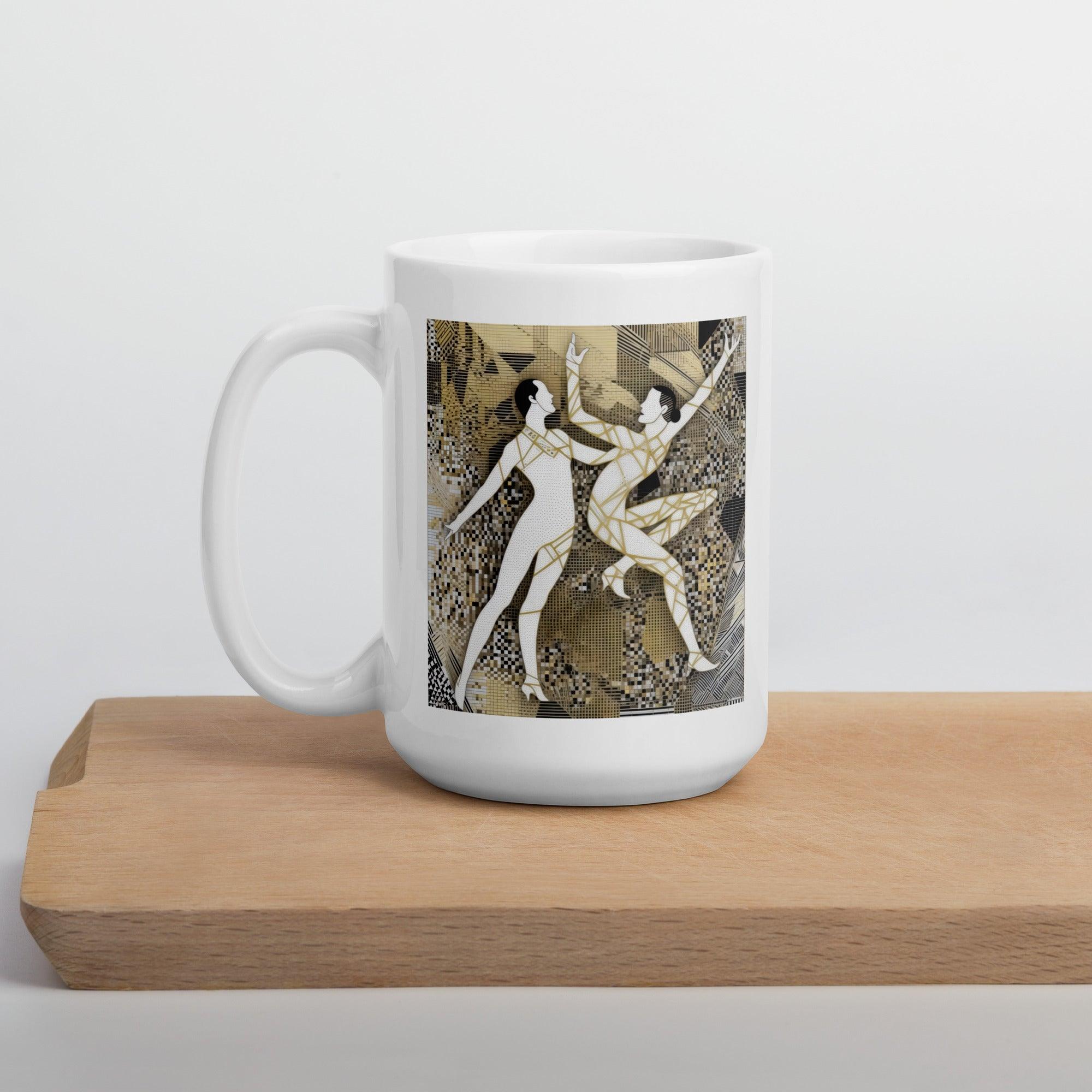 Stylish white mug with balletic symphony pattern, top view.