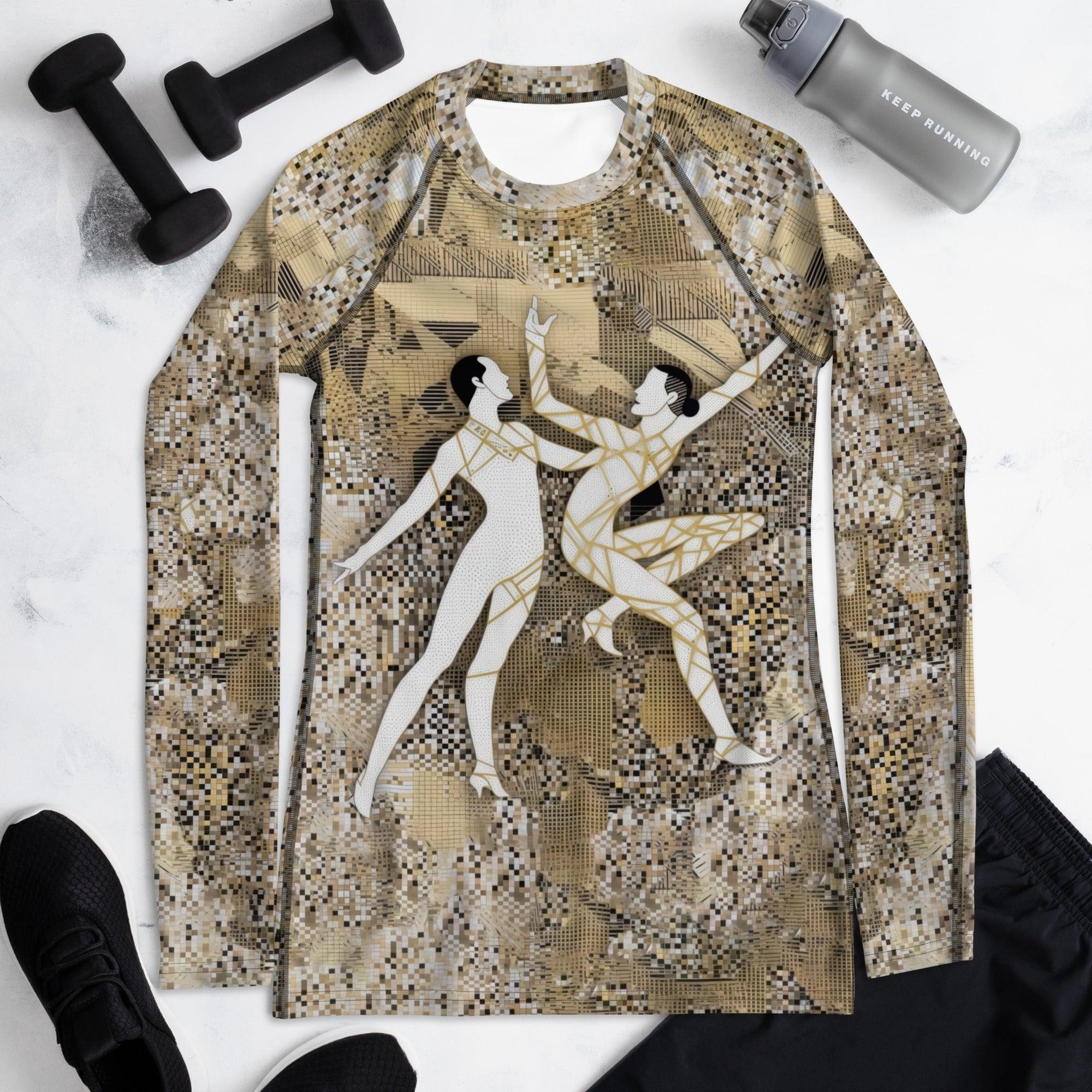 Elegant Balletic Symphony women's rash guard with artistic design.