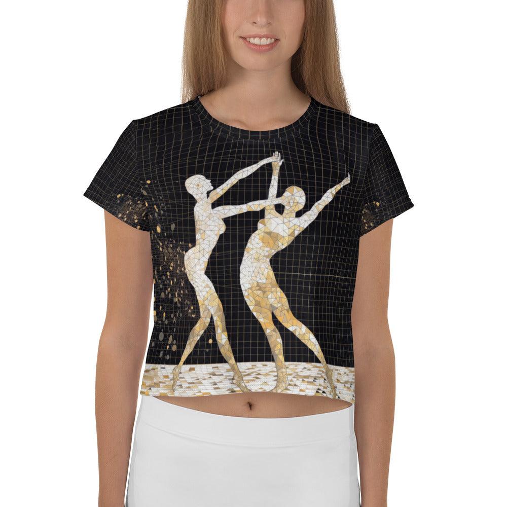 Elegant all-over print Balletic Symphony of Style Crop Tee on model.