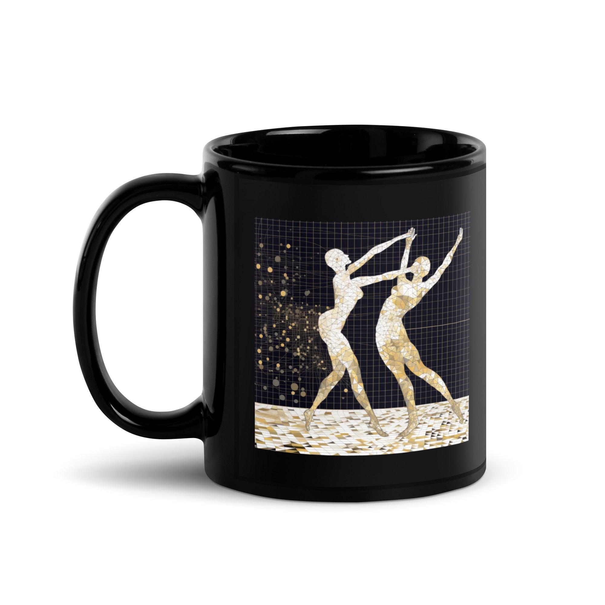 Balletic Symphony of Style black glossy coffee mug on a table.