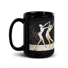 Black glossy mug with Balletic Symphony of Style design in natural light.