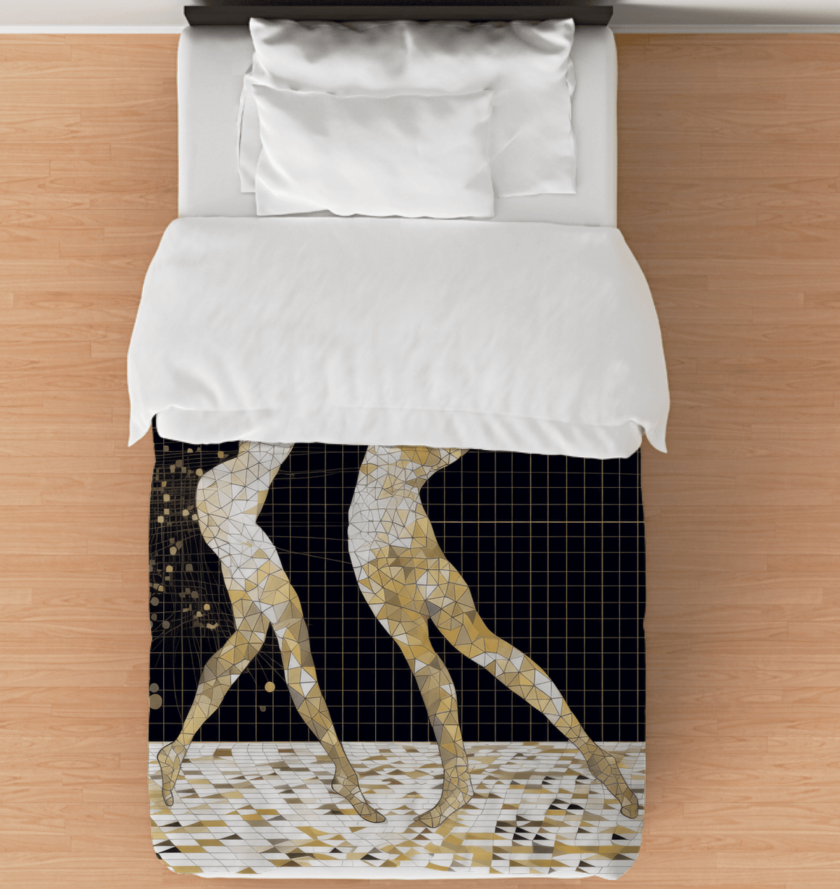 Elegant Balletic Symphony Of Style Duvet Cover draped on a plush bed, showcasing its intricate design and cozy appeal.