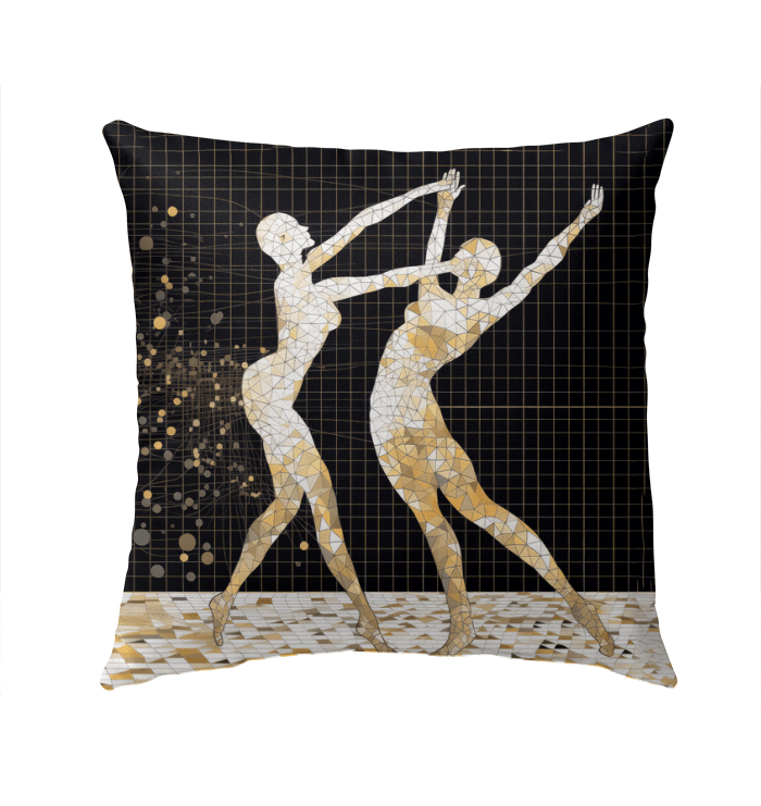 Balletic Symphony of Style Outdoor Pillow showcased on a patio chair, enhancing outdoor decor.