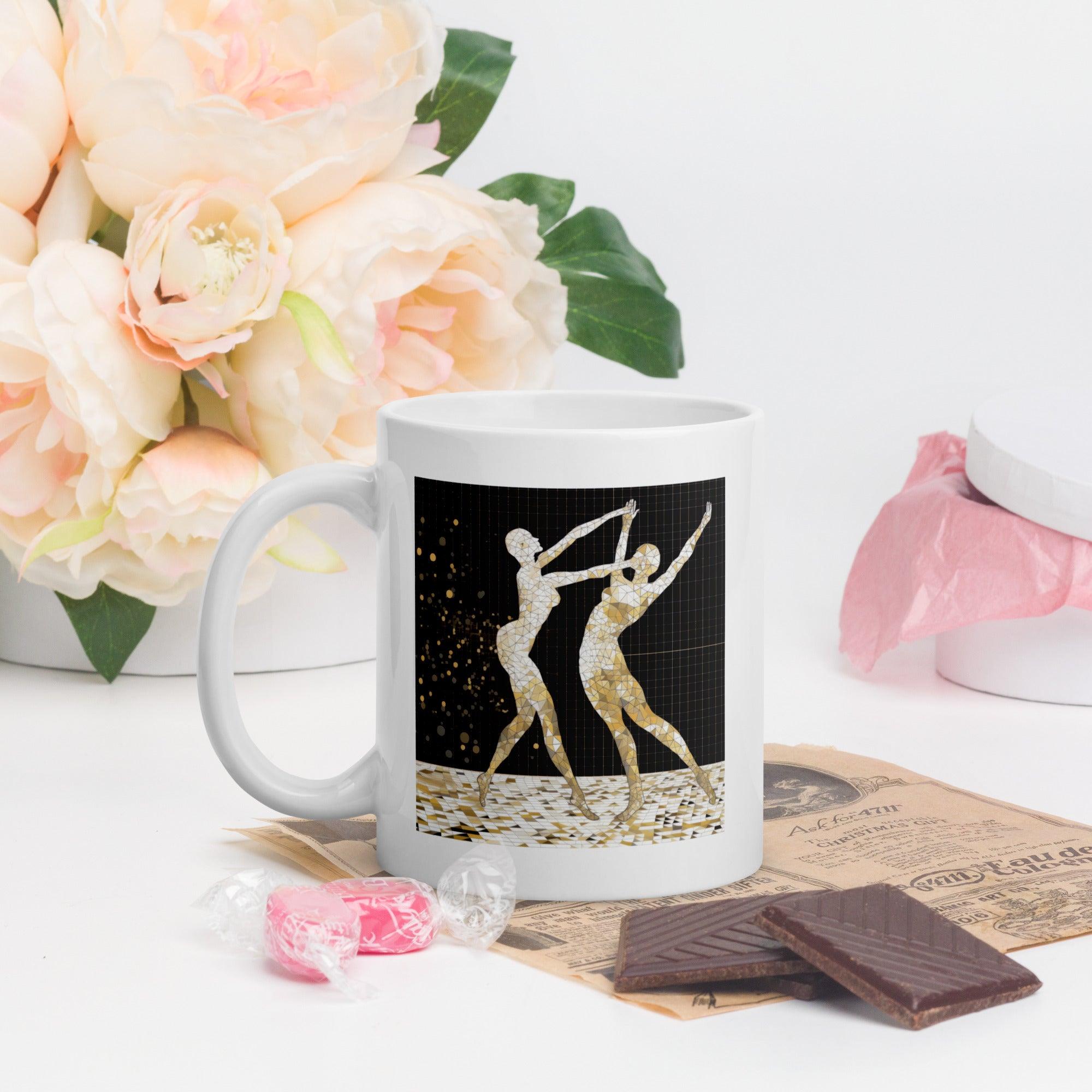 Elegant white mug with Balletic Symphony design displayed.