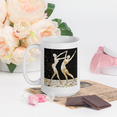 Glossy white mug featuring Balletic Symphony of Style, side view.