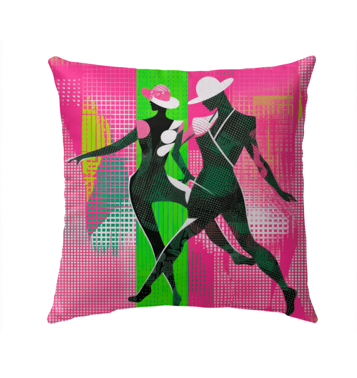 Balletic Synergy Attire Outdoor Pillow displayed on a patio sofa.